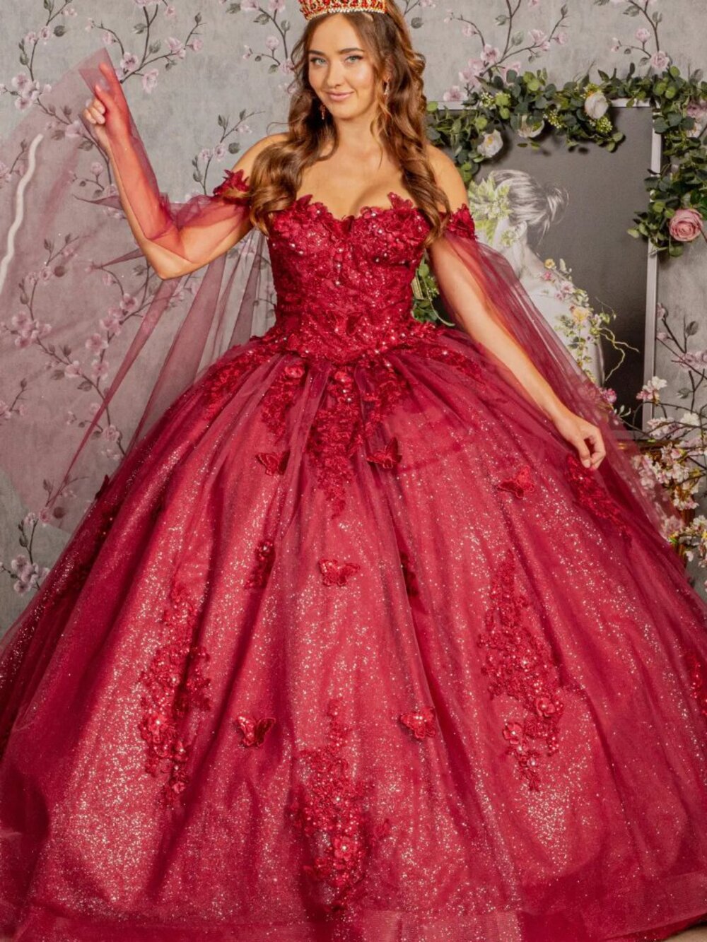 NEW BURGUNDY Mesh & Glitter Evening Gown Floor Length GL3181